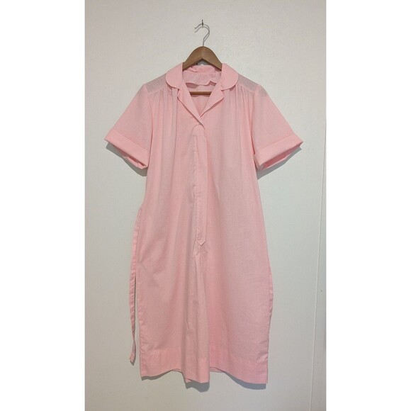 Vintage Polka Dot Flocked Cotton Blend Dress Belt Shift House Dress Pink M B44 - Picture 8 of 9